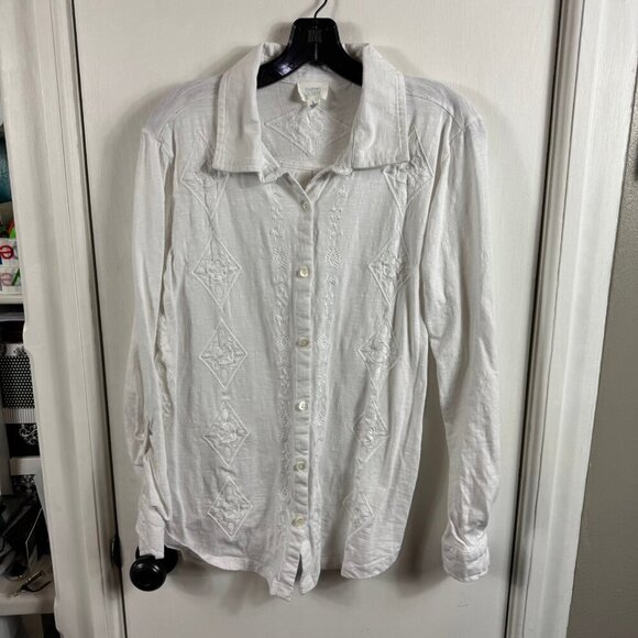 Sigrid Olsen white floral embroidered button up shirt with roll tab sleeves - Picture 1 of 7